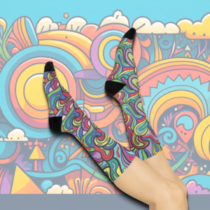 Colorful Large Loop Doodle Cushioned Crew Socks - Fun Gift for Artists, Vibrant Footwear, Cozy Stocking Stuffer, Unique Design, Artistic