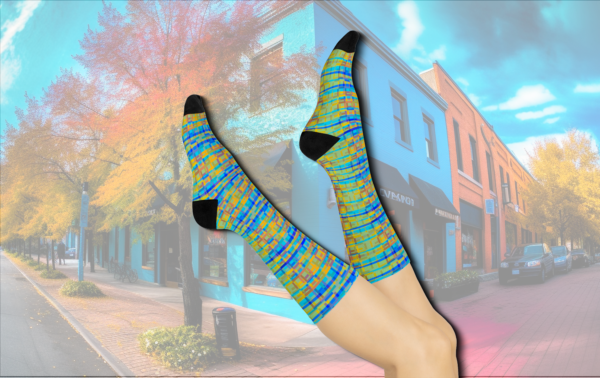 Funky Town Socks, Plaid Like Bright Pattern, Colorful Crew Socks, Fun Patterned Socks, Vibrant Sock Design, Unique Footwear