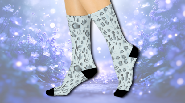 Powder Blue Silver Floral Socks - Elegant Unisex Cushioned Crew Socks for Men and Women, Stylish Dress Socks, Soft Comfy Footwear, Fashion - Image 2