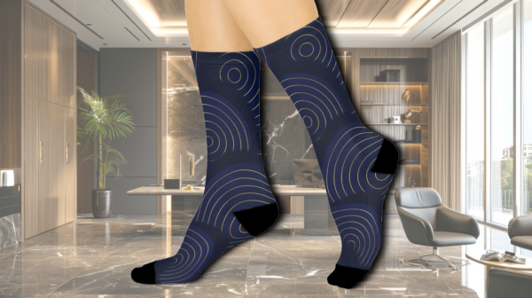 Radiant Gold Navy Blue Circles Crew Socks - Luxury Elegance Design - Image 2